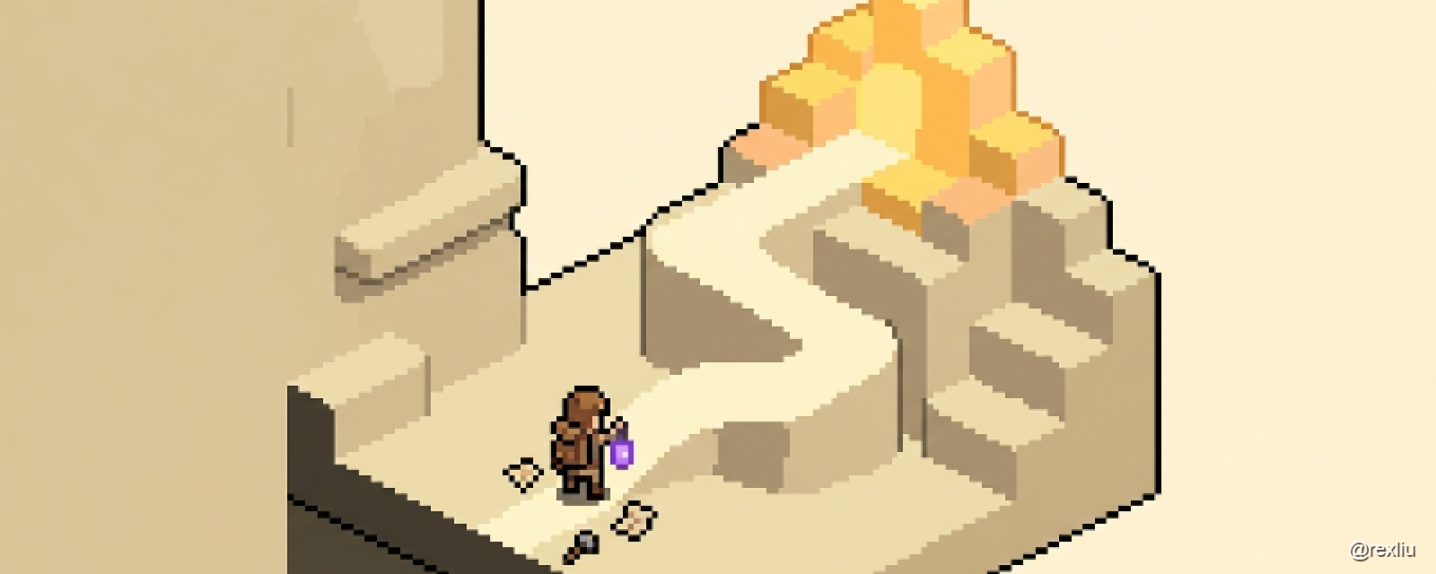 Pixel art isometric map of six paths toward the next ten years